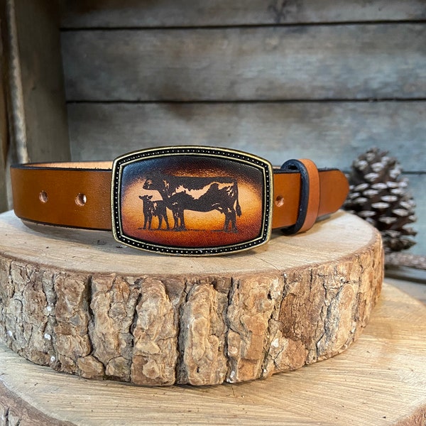 Kid’s/Children’s cow buckle | farming buckle hand-dyed leather buckle, colors for any belt, 4H, Cattle, Ranch