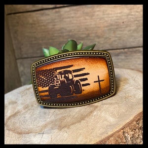Kids/Childrens tractor American flag buckle hand-dyed leather buckle, colors for any belt, and optional cross, image 4