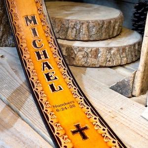 Custom Personalized Leather Guitar Strap with Fancy Leather Tooling | Musician guitarist gift | Adjustable, handcrafted Christian gift