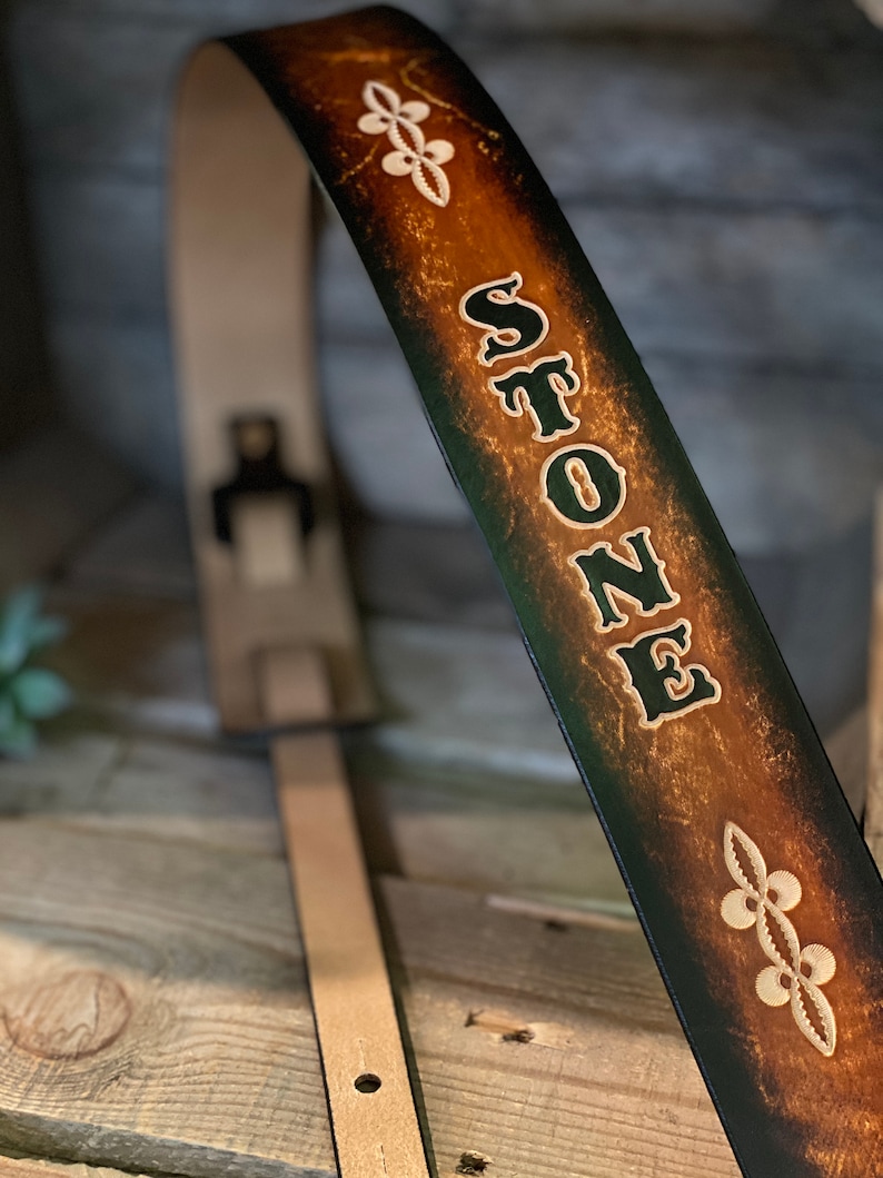 Personalized Leather Guitar Strap With Tooling in 2 Tone Color Etsy