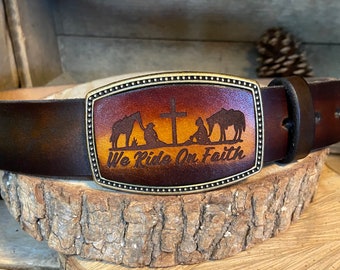 Belt Buckle | Horses | Leather Buckle | Cowboy | Christian Country Girl | Horse Lover gift | Faith Horse Ride hand-dyed, leather, USA made