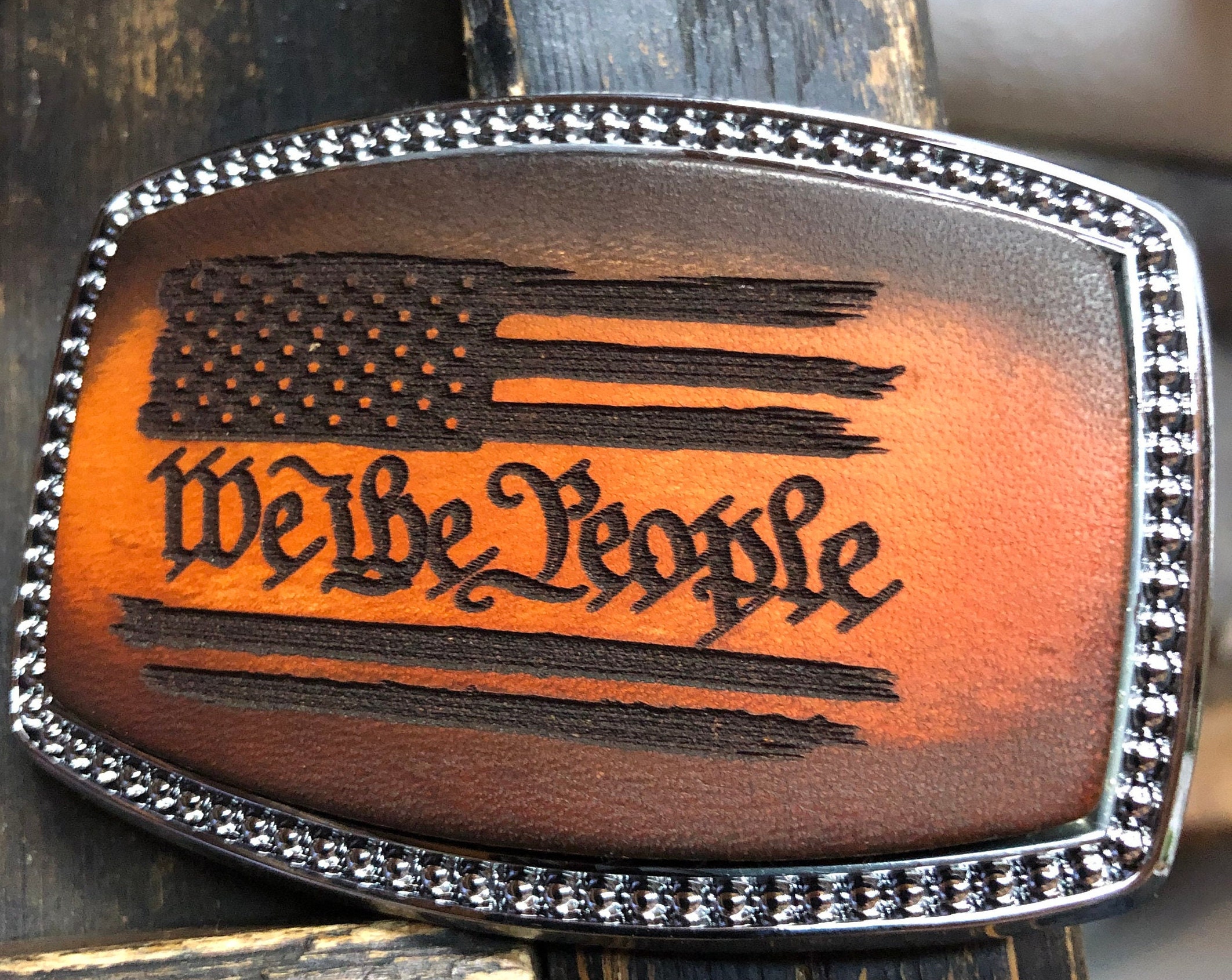 Patriotic Leather Belt Buckle We the People Custom Made 