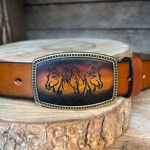 Belt Buckle | Horses | Leather Buckle | Cowgirl | Country Girl | Horse Lover gift | Great Graduation Gift  | hand-dyed, leather, USA made