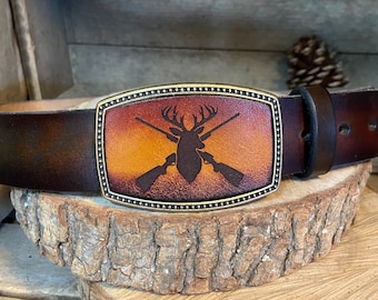 Leather Belt Buckle - Deer Hunter Gift - Custom Leather Buckle | Deer Silhouette | Hunting | Hand-Made | Made in the USA
