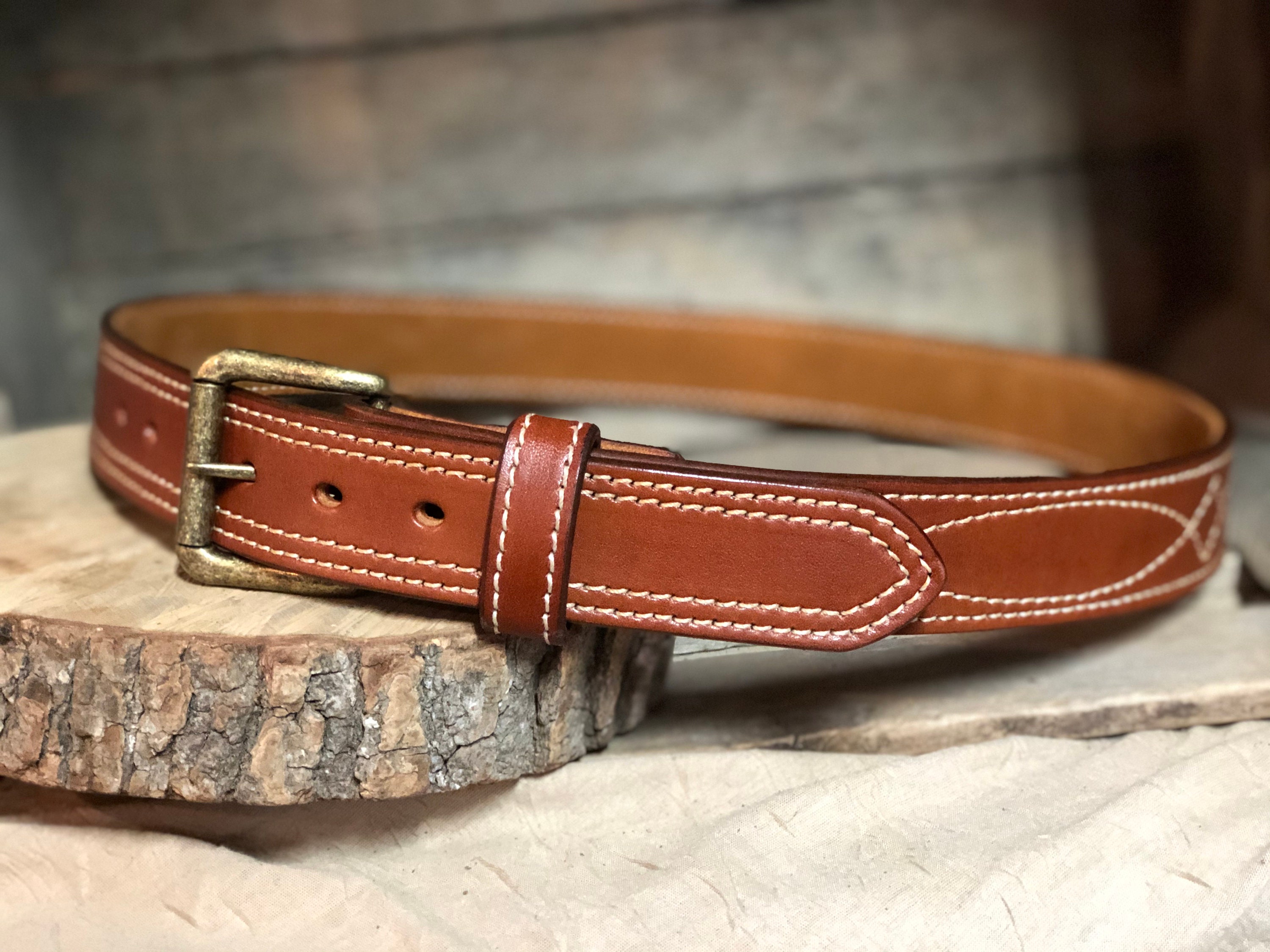 Handmade Double Stitched Leather Belt in Waxed Tan with White Stitching  (order one size larger than the waist)