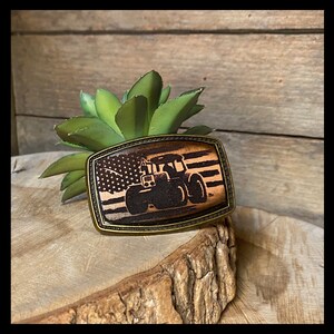 Kids/Childrens tractor American flag buckle hand-dyed leather buckle, colors for any belt, and optional cross, image 3