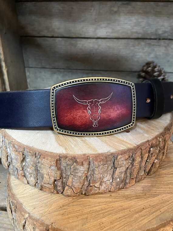 LONGHORN STEER Belt Buckle Custom Made Leather Buckle great Gift Nice Addition to Any Belt Hand dyed Leather USA Made Etsy UK