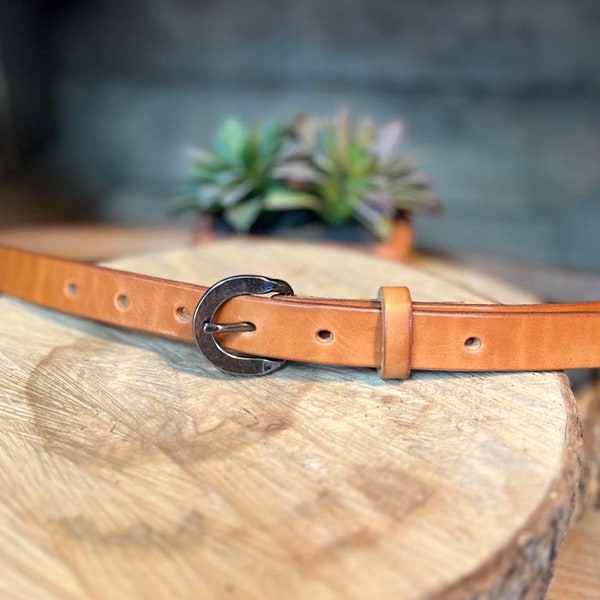 Skinny Leather 3/4”  belt for women, Russet Harness full-grain leather-  women's stylish leather retro belt personalized gift USA made