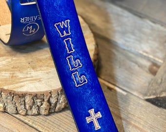 Kid’s Guitar Strap: Blue-Personalized- Cross-American Flag-Handmade