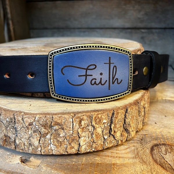 Belt Buckle | Faith with Cross | Christian Gift | Great Graduation Gift  | nice addition to any belt, hand-dyed, leather, USA made