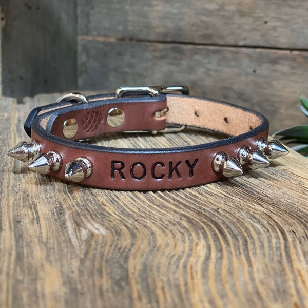 3/4 " width ***SPIKED***Personalized Leather Dog Collar for small to medium breed- hand tooled and customized