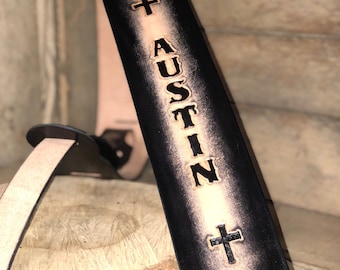 Guitar Strap:  Personalized Black Leather with Crosses