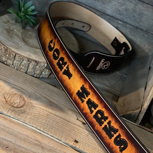 Personalized Leather Guitar strap with tooling in 2 tone color would look great on any guitar Full-Grain leather Graduation Gift image 2