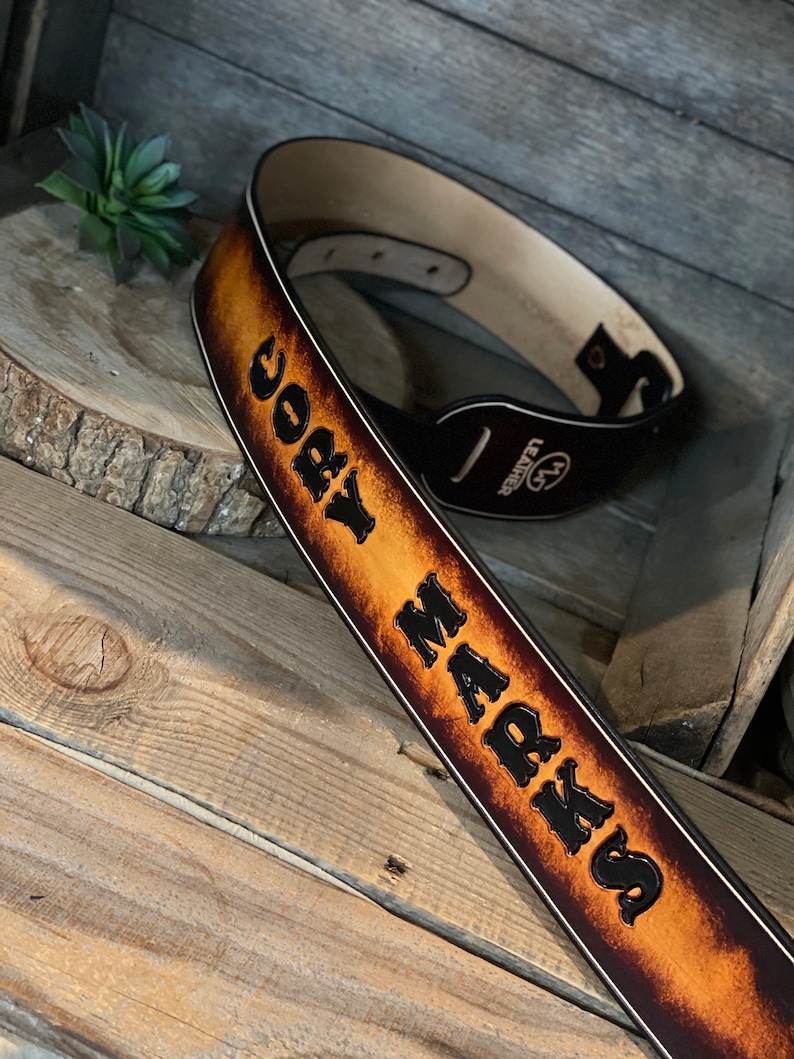 Personalized Leather Guitar strap with tooling in 2 tone color would look great on any guitar Full-Grain leather Graduation Gift image 2