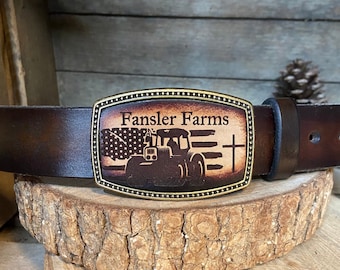 Tractor-American flag belt buckle made of leather | great farmers gift, 4H, FFA gift, Christian farmers