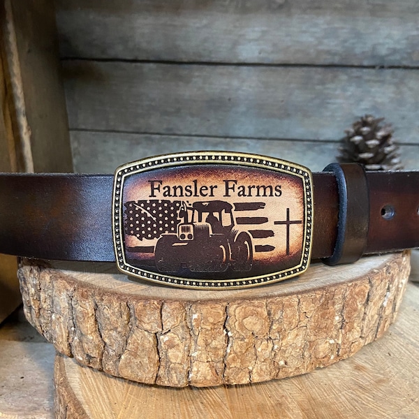 Tractor-American flag belt buckle made of leather | great farmers gift, 4H, FFA gift, Christian farmers