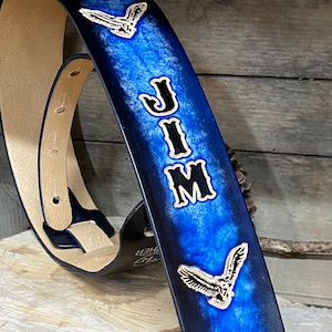 Personalized leather guitar strap in custom blue with flying eagle  Be a standout guitarist, great musician, band leader gift. custom guitar