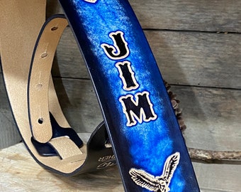Personalized leather guitar strap in custom blue with flying eagle  Be a standout guitarist, great musician, band leader gift. custom guitar