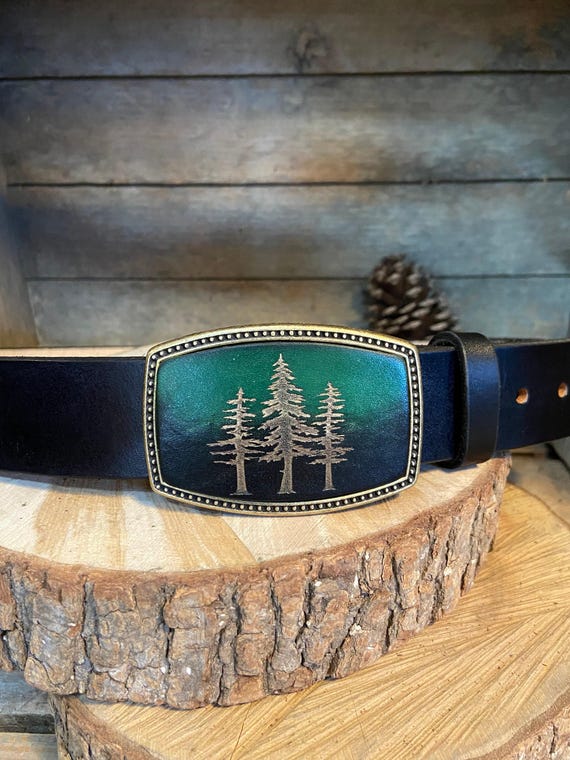Belt Buckle: Hand-Dyed Leather-Cypress Tree Design, USA Made