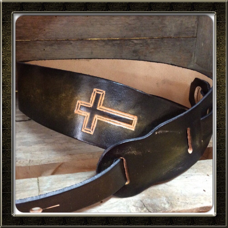 Personalized Leather Guitar strap with a beautiful cross Etsy