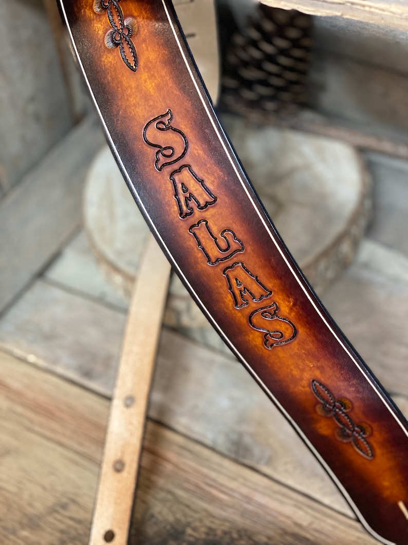 Personalized Leather Guitar Strap With Tooling in 2 Tone Color Etsy