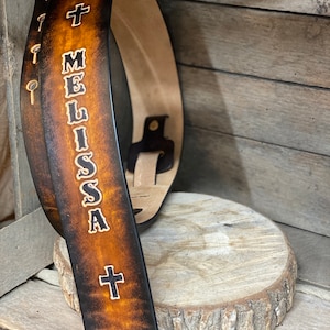Personalized leather guitar strap with crosses handmade, Great gift for musician, guitarist, or worship leader.