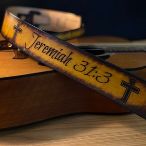 Custom guitar strap with favorite scripture and crosses great for Christian guitarist and  Graduation or Easter gift, worship, musician