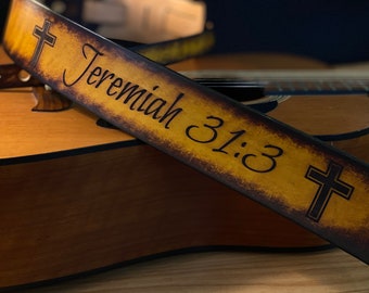 Custom guitar strap with favorite scripture and crosses great for Christian guitarist and  Graduation or Easter gift, worship, musician