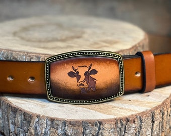 Cow Belt buckle-Leather Hand made-Personalized | Gift for him-her |  Personalized Cow-Heifer Buckle | Fit any belt up to