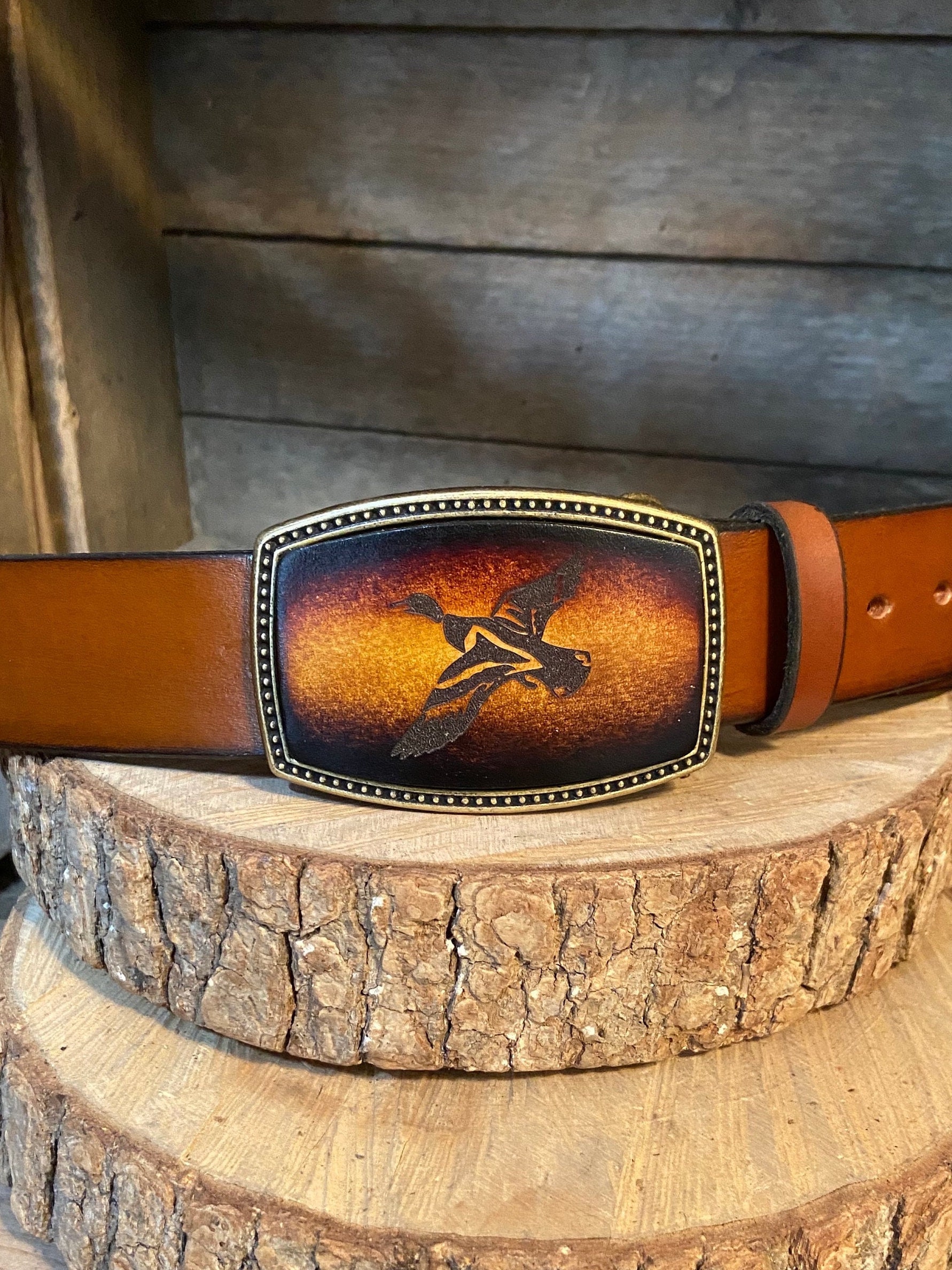 Flying Duck Leather belt Buckle Flying Duck Hunting Duck Hunting  Hand-Made Made in the USA gift for him,