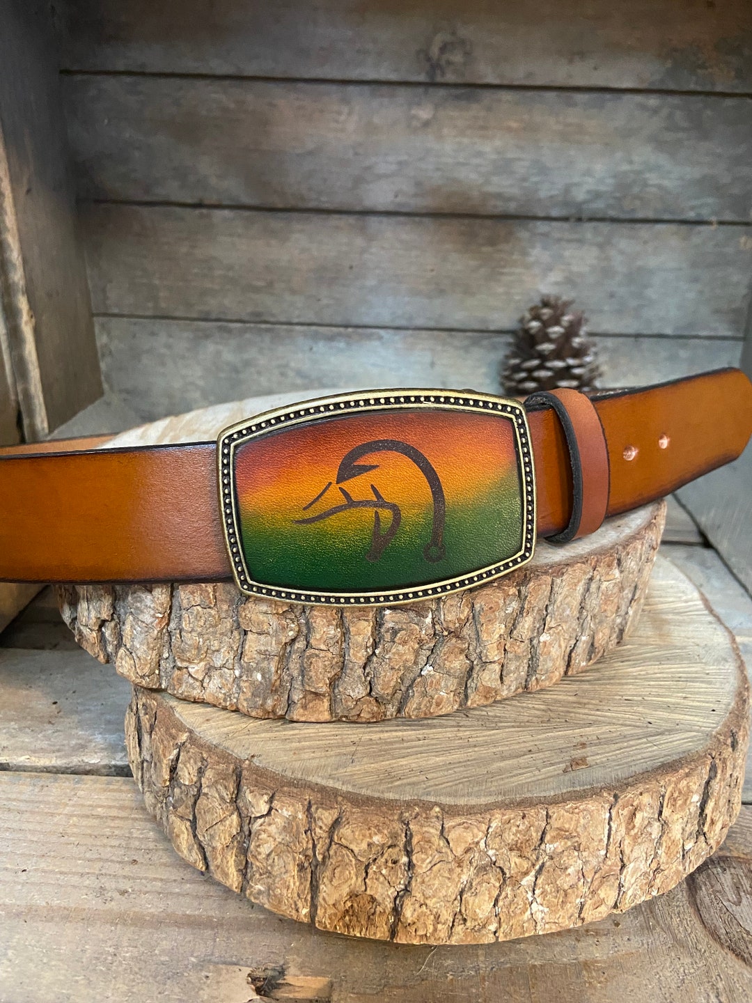 Handmade Leather Hunting Belt Buckle: Duck, Fish Hook Deer