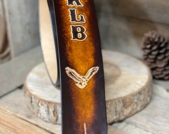 Personalized Leather Guitar Strap | Tan and Dark Brown | Graduation Gift | Eagle Design | Custom Strap | Handmade | Hand-dyed