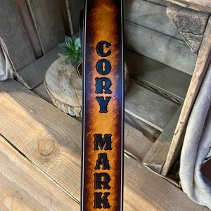 Personalized Leather Guitar strap with tooling in 2 tone color would look great on any guitar Full-Grain leather Graduation Gift Font 5-(2 names)
