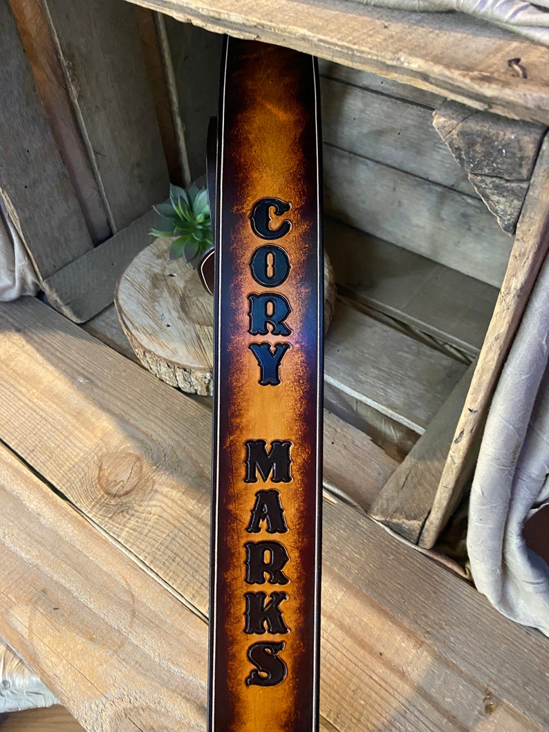 Personalized Leather Guitar strap with tooling in 2 tone color would look great on any guitar Full-Grain leather Graduation Gift Font 5-(2 names)