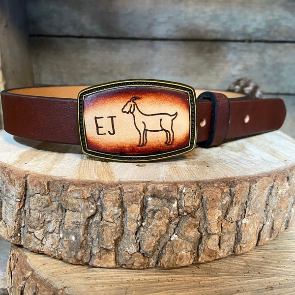 Child’s/Kid’s  leather Goat buckle Hand-dyed Leather Buckle. Great gift for livestock show girl or boy in your life.