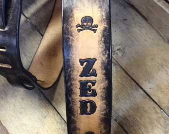 Black Leather Guitar Strap: Skull and Crossbones Design, Personalized