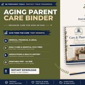 Könnte beinhalten: Ein spiralgebundener Care & Planning Planner Ordner mit 69 Seiten und 9 Abschnitten. Das Cover zeigt ein Baumlogo, Text und ein Bild von zwei Personen, die draußen sitzen. Enthält eine weiße Tasse mit Herz und einen blauen Stift.