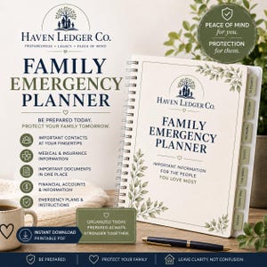 Pode incluir: Um Family Emergency Planner com encadernação em espiral e o logotipo Haven Ledger Co. O planejador inclui seções para contatos, informações médicas, contas financeiras e planos de emergência. A capa apresenta o texto "Family Emergency Planner" e o slogan "Be Prepared Today. Protect Your Family Tomorrow."