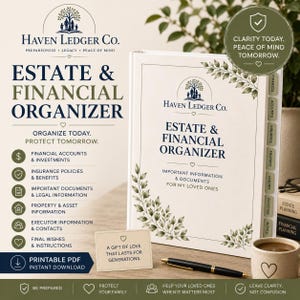 Może przedstawiać: Biała książka Estate & Financial Organizer z tekstem "Haven Ledger Co." i "Estate & Financial Organizer". Zawiera sekcje dotyczące kont finansowych, ubezpieczeń i informacji prawnych. Widoczny jest również długopis i filiżanka kawy.