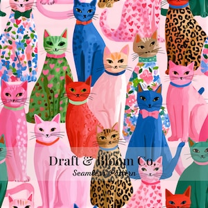 Könnte beinhalten: Ein nahtloses Muster mit verschiedenen Katzen in diversen Farben und Drucken, darunter Blumen-, Leoparden- und Herzmotive, auf hellrosa Hintergrund. Der Text Draft & Bloom Co. Seamless Pattern ist in der Mitte zentriert.