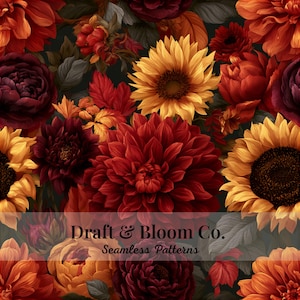 Dark Fall Floral Seamless Pattern - Moody Dahlia Sunflower Botanical, Autumn Digital Paper for Fabric, Sublimation, Quilting & Crafts