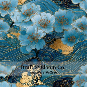 Puede incluir: Un patrón continuo que presenta flores de cerezo azul claro con centros naranjas y contornos dorados, sobre un fondo azul profundo con motivos de olas doradas. El texto Draft & Bloom Co. Seamless Pattern está centrado.