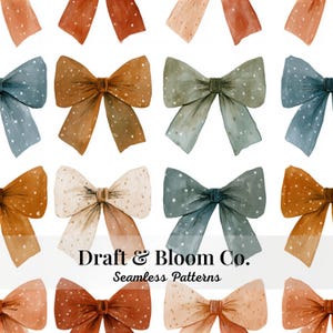 May include: A seamless pattern featuring watercolour illustrations of bows in various shades of rust, sage green, and cream, each decorated with small white speckles. The text Draft & Bloom Co. Seamless Patterns is centred over the design.