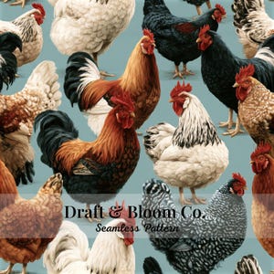 Motif réaliste sans couture de poulet - races de coq, poule de ferme, papier numérique vintage country pour tissu, sublimation et travaux manuels