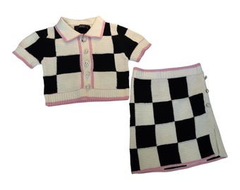 Akira Women Checkerboard Knit Cardigan and Mini Skirt Set Black Cream Pink M