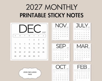 Miesięczne kalendarze do druku z karteczkami samoprzylepnymi na rok 2027 | Pogrubiony styl | 6 miesięcy GRATIS