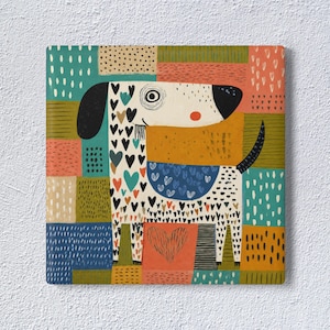 Azulejo de cerámica con diseño de perro de arte popular, arte mural de dálmata en patchwork, decoración geométrica de mascotas de mediados de siglo, salvamanteles con diseño de perro original, regalo para amantes de los perros