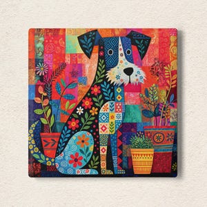 Patchwork Dog Ceramic Tile, Colorful Folk Art Terrier Decorative Tile, Whimsical Puppy Wall Art, Coaster Trivet, Pet Lover Gift Home Decor
