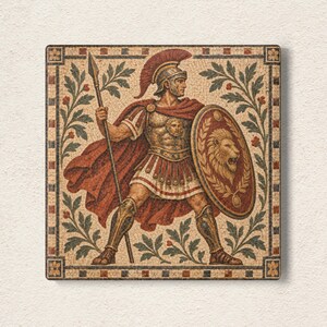 May include: A square mosaic tile depicting a Roman soldier in armor with a red cape, holding a spear and a shield featuring a lion emblem. The figure is framed by green leafy branches and floral motifs, set against a light-colored background.