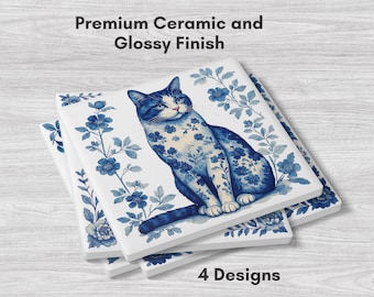 Juego de 4 posavasos de cerámica azul y blanca, decoración de gato estilo chinoiserie, posavasos florales de gato estilo Delftware, regalo para la generación del milenio.